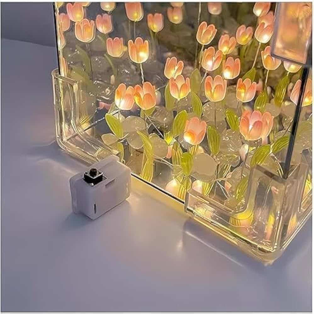 Artificial Tulips in Crystal Box – Handmade DIY Pink Tulip Cube Mirror Lamp, LED Night Light for Bedroom, Unique Flower Table Lamp – (Square)