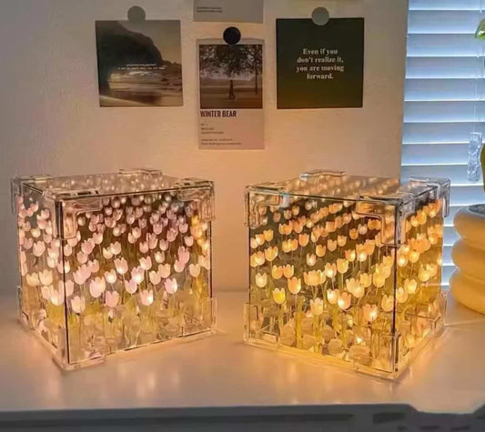 Artificial Tulips in Crystal Box – Handmade DIY Pink Tulip Cube Mirror Lamp, LED Night Light for Bedroom, Unique Flower Table Lamp – (Square)